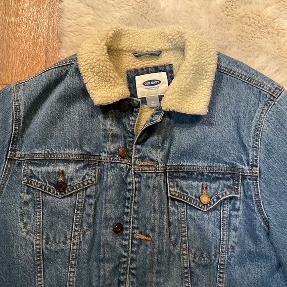 Old Navy Denim Sherpa Lined Size Medium Jean Jacket Coat Button Womens Pockets‎ - Picture 2 of 12